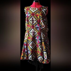 Sleeveless High-Low Geometric Print Dress in Red, Yellow & Blue